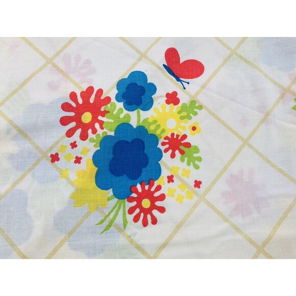 1960s Mod Retro Flower Power Table cloth Round Butterfly Blue Red Yellow 68" Che - Picture 7 of 14